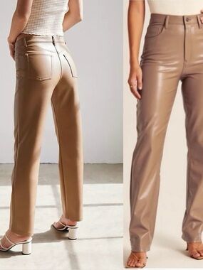 Abercrombie & Fitch High Rise 90s Straight Vegan Leather Pant- Taupe